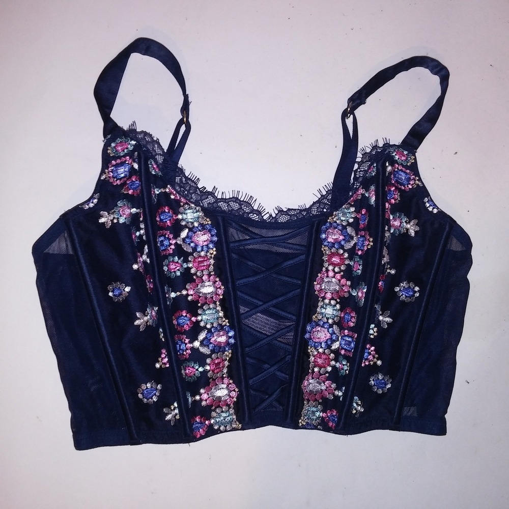 Victoria Secret Bra Bralette Large Navy Blue Embroidered Jewels Long Line Boned
